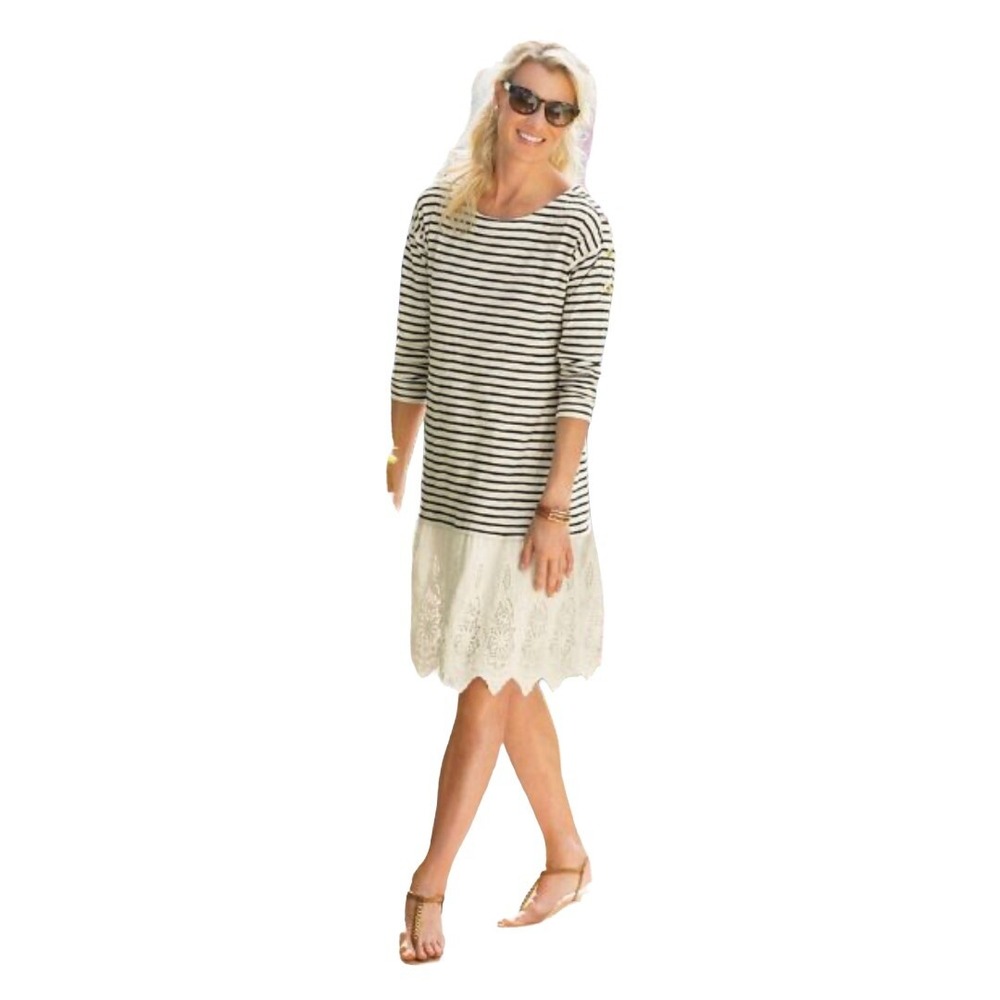 NEW SOFT SURROUNDINGS Left Bank‎ Dress Eyelet Hem Cotton Nautical Size M Stripe